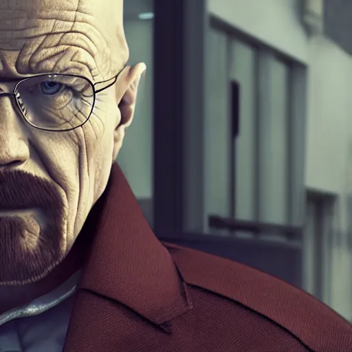 Image similar to Walter White in Balenciaga for GQ, picture, 4k, 8k, photorealistic, hd, hdr, dof, CGSociety, 3d, unreal engine render, octane render, blender