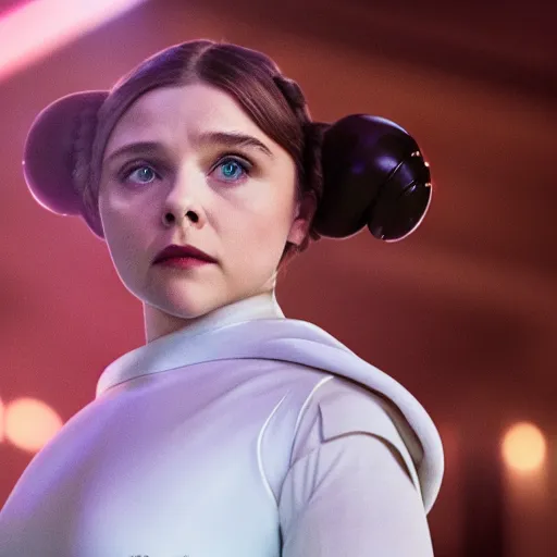 Prompt: Adult Chloe Moretz as Princess Leia, movie scene, XF IQ4, 150MP, 50mm, F1.4, studio lighting, professional, Dolby Vision, UHD