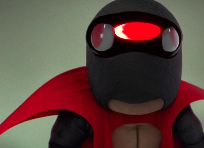 Image similar to film still of nibbler, a small black alien with a single antennae on his head, large eyes and 2 fangs wearing a diaper and red cape in the new scifi movie, 4 k