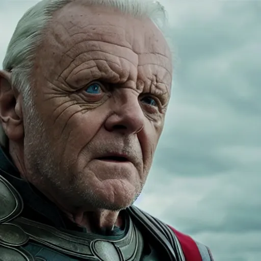 Prompt: Anthony Hopkins as Thor, in the movie Thor: Love and Thunder, cinematic drone photography