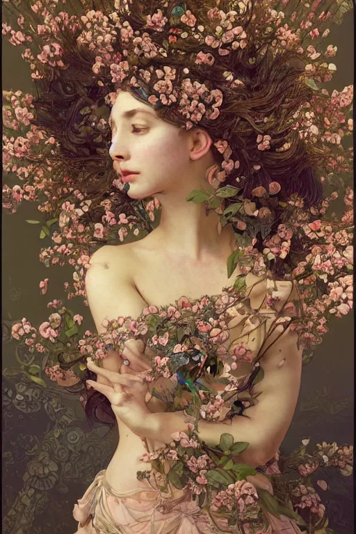 Prompt: a beautiful intricate beatutifull woman with birds, ultra - wide angle, baroque, elagant, highly detailed, photorealistic, flowers, octane render, 8 k, unreal engine, by william turner, by victo ngai, by alphonse mucha, by gustav klimt, hd, trending on artstation, hyper detailed, muted intense colors