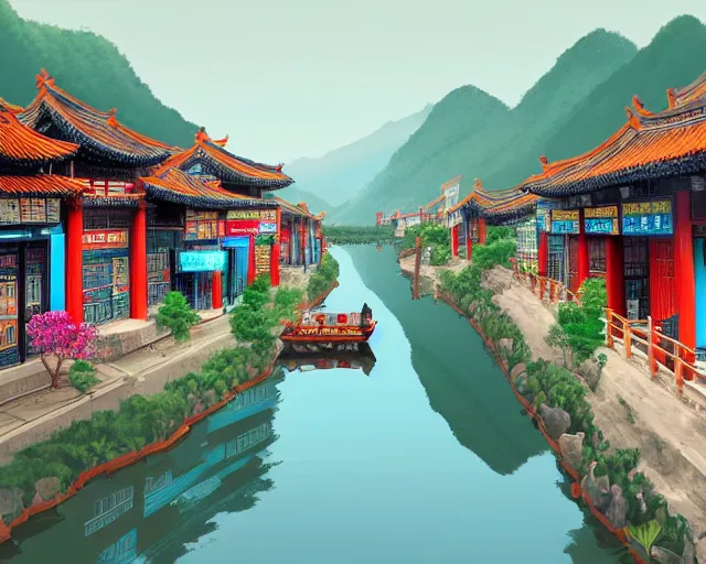 Image similar to artstation a graphic design of a little chinese town ， main road ， river