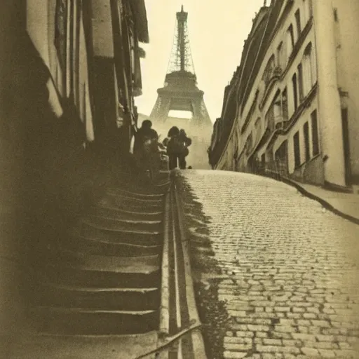 Prompt: 1 9 1 0, paris street scene, montmartre steps, photograph, style of atget, old, creepy