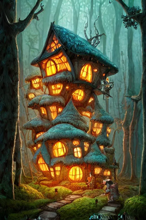 Prompt: a storybook illustration of a ramshackle multistory fairytale hut in the forest, intricate, elegant, fantasy, highly detailed, digital painting, concept art, sharp focus, artstation, in the style of a Wes Anderson movie