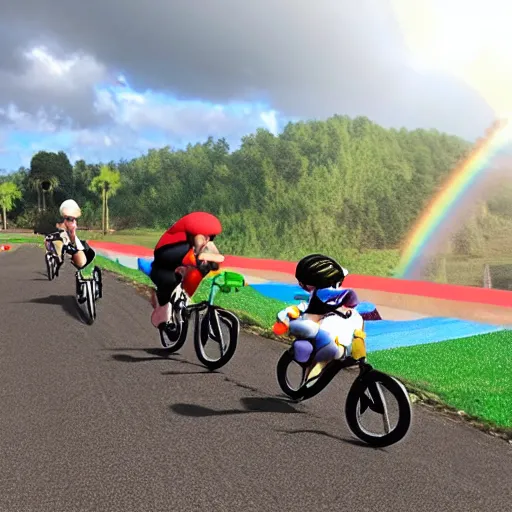 Image similar to cats cycling on the mariocart rainbow track