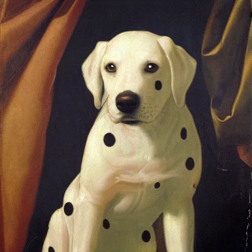 Image similar to renaissance painting of a white dog with big black spots sitting for a portrait