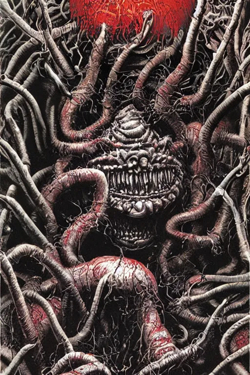 Image similar to a hyper detailed photorealistic painted horror movie poster for the thing 2 1 9 8 2 by john totleben & john carpenter depicting a horroifying abstract shape shifting alien organism made of human and animal tissue