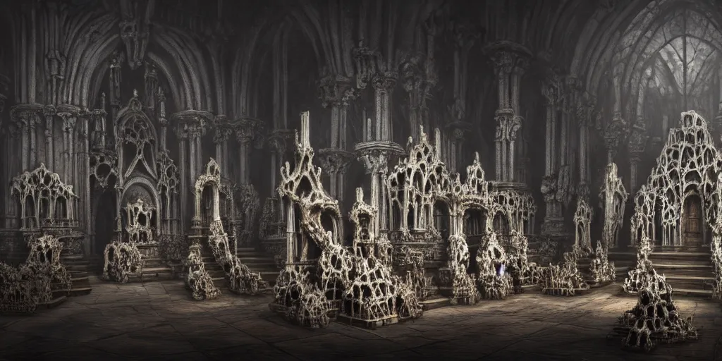 Image similar to low ultrawide interior shot of sedlec ossuary, covered in bones, smooth concept art mixed with fujifilm, dark, foggy, misty, atmospheric, trending on artstation, cgsociety, anime style, oil on canvas, denoise, cinematic masterpiece