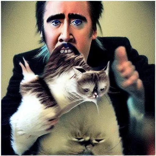 Image similar to nicolas cage as grumpy cat, kung fu fighting