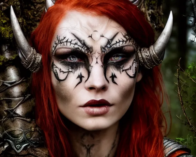 Image similar to 5 5 mm portrait photo of an armored redhead woman warrior with a face tattoo and horns growing from her head, in a magical forest. by luis royo. highly detailed 8 k. intricate. lifelike. soft light. nikon d 8 5 0. cinematic post - processing