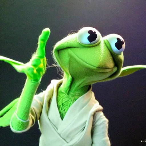 Image similar to action shot of kermit the frog as Yoda in Star Wars, dramatic light, god rays, very detailed