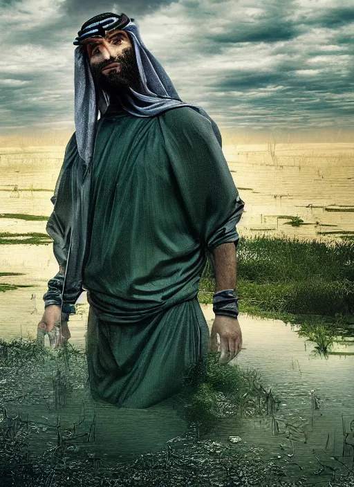 Image similar to portrait of sheikh ruler of dubai, djinn, landscape, swamp, marsh lands, surreal, demented, art style avant - garde, cinematic lighting, studio quality, godly, comic book, 4 k, active, scenic, fury, fiery, dramatic entry