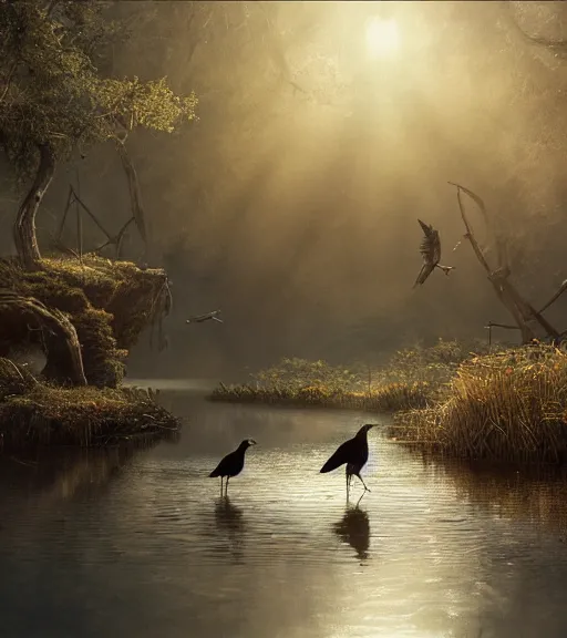 Prompt: three long legs crows in a little boat in a swamp, volumetric lighting, majestic light, octane render, ethereal glare of the sun, hyperrealistic, epic, masterpiece, by greg rutkowski