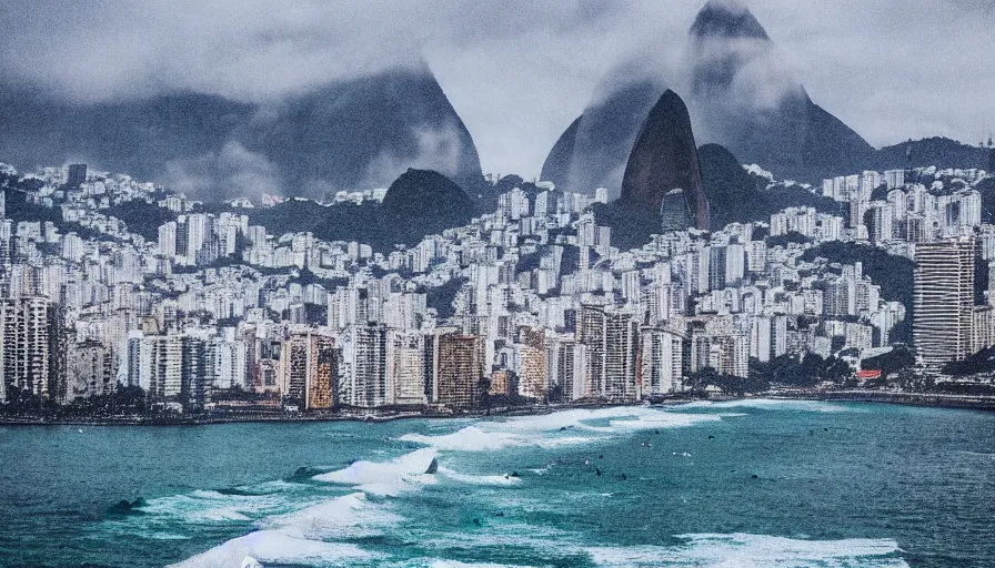 Image similar to the city of rio de janeiro covered in snow, view from copacabana beach, winter photograph, snowing, 4 k, award winning photograph, beautiful, trending on instagram