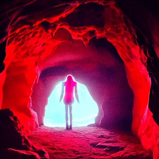 Prompt: style of Henry Peach Robinson:: The interior of an cave lit in red:: symmetrical detailed woman Stella Maeve who is screaming scared face:: blue neon light coming from the back of the cavern:: mysterious atmosphere::