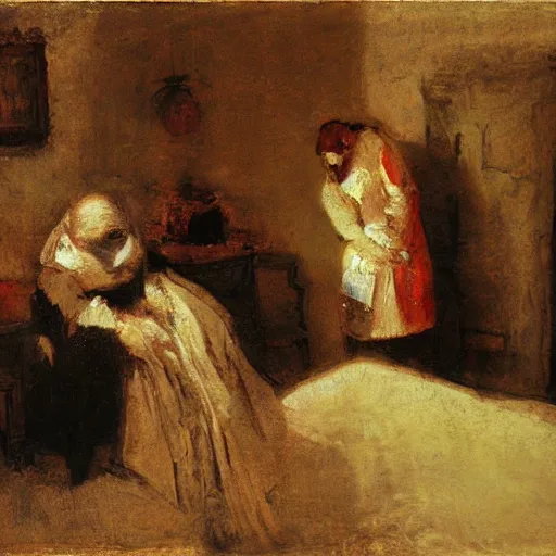 Prompt: two blurry figures in a messy room. scrumbling stylized. By Rembrandt, by Vermeer warm color scheme. Red white yellow brown.