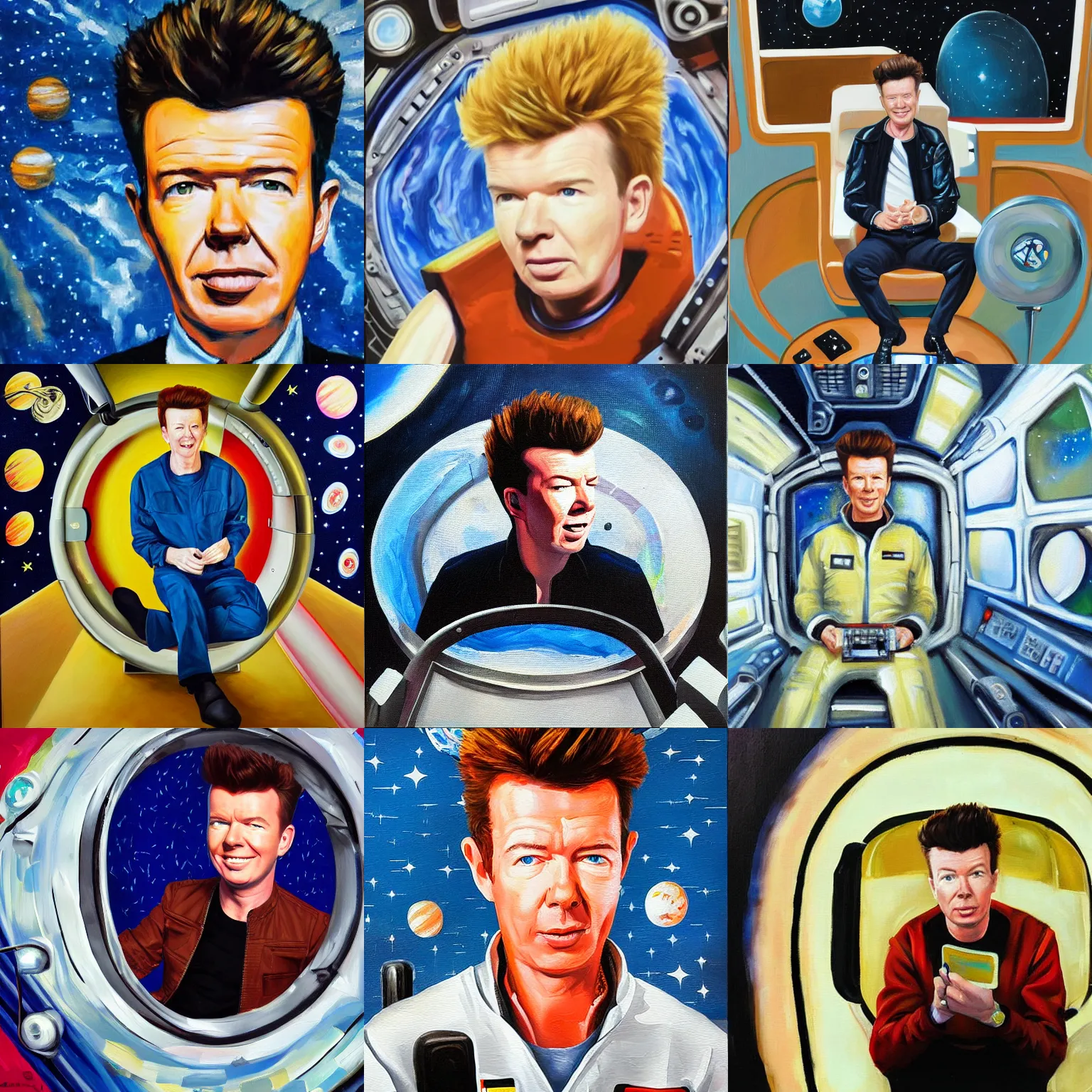 Prompt: Rick Astley sitting in a space station, oil painting