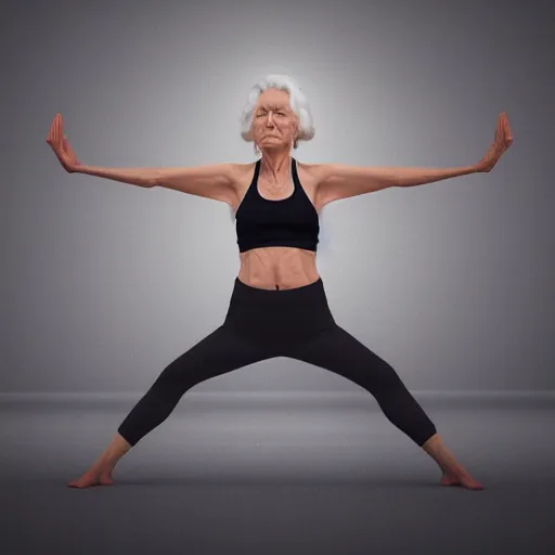 a very beautiful old lady doing yoga wearing a sports