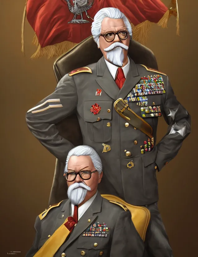 Prompt: a portrait of colonel sanders as a military dictator, by moebius and tyler edlin and hr giger, trending on artstation, digital art, 4 k resolution, detailed, high quality, sharp focus, hq artwork, coherent, insane detail, concept art