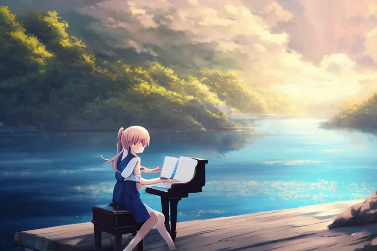 Prompt: Anime girl playing piano on blue water, far away, landscape, scenery, Cushart Krenz, Shinkai Makoto, by Lluluchwan, lots of details, highly detailed, 4k