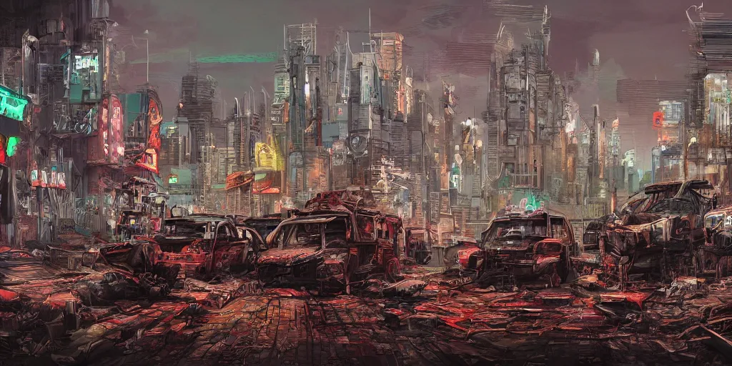 Image similar to digital art, trending on artstation, a post apocalyptic world ruled by rusty machines under a full moon in a gigantic city full of neon lights and machines acting like humans, these being the vast majority of the population.