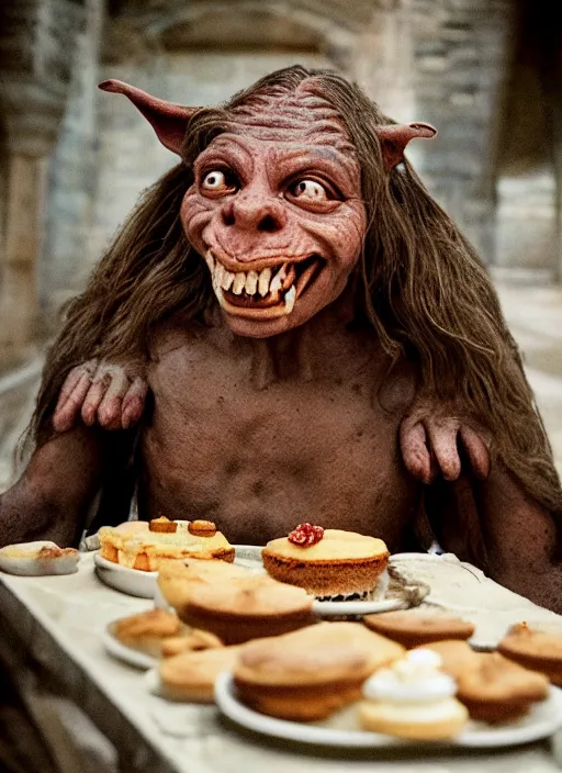 Image similar to closeup portrait of a medieval goblin eating cakes in the cloisters, depth of field, zeiss lens, detailed, symmetrical, centered, fashion photoshoot, by Annie Leibovitz and Steve McCurry, David Lazar, Jimmy Nelsson, Breathtaking, 8k resolution, extremely detailed, beautiful, establishing shot, artistic, hyperrealistic, beautiful face, octane render