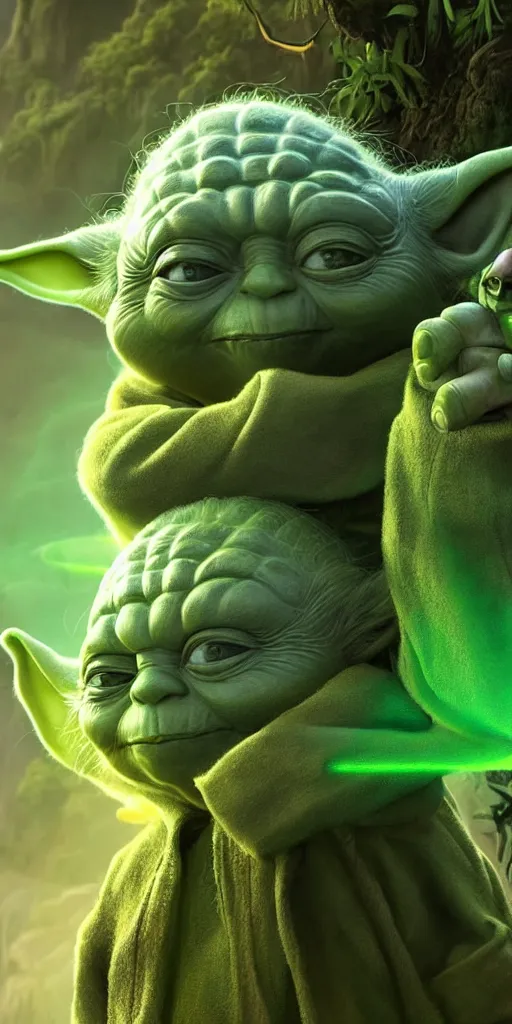 Prompt: yoda in a lush jurassic landscape, 4 k, hyper realistic, coherent design, symmetrical, vivid colour, trending on art station, in the style of pi - slices, complementary colour, golden ratio, detailed, sharp lines, intricate, rainbow shift, in unreal 3 d engine, ray tracing, octane render