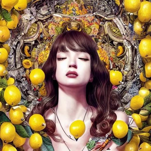 Prompt: the portrait of an absurdly beautiful, graceful, elegant, sophisticated, young idol made up of lemons, an ultrafine hyperdetailed illustration by kim jung gi, irakli nadar, intricate linework, bright colors, octopath traveler, final fantasy, unreal engine 5 highly rendered, global illumination, radiant light, detailed and intricate environment