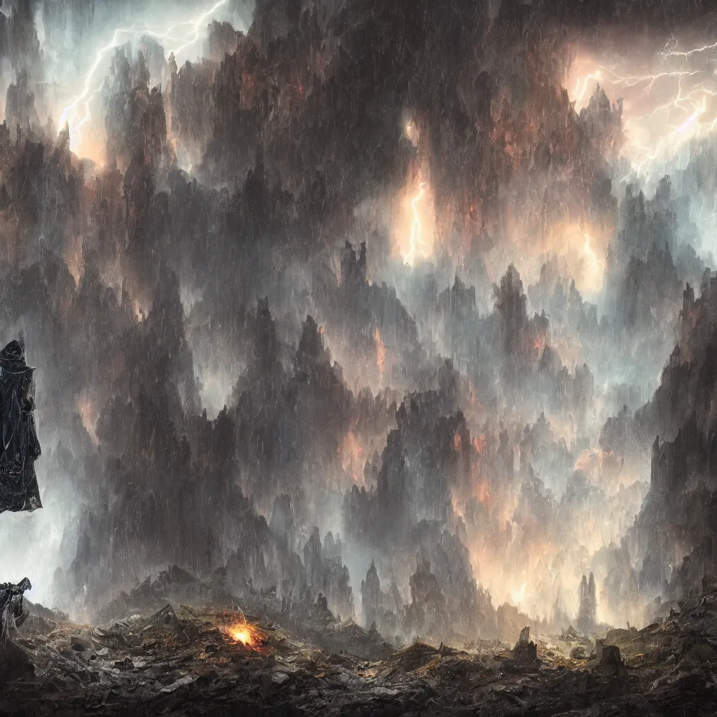 Image similar to a still of a cloaked figure standing in the ruins of crux prime, monastery, there is lightning, blue fiery maelstrom in the distance, it is raining, digital art, artstationhq