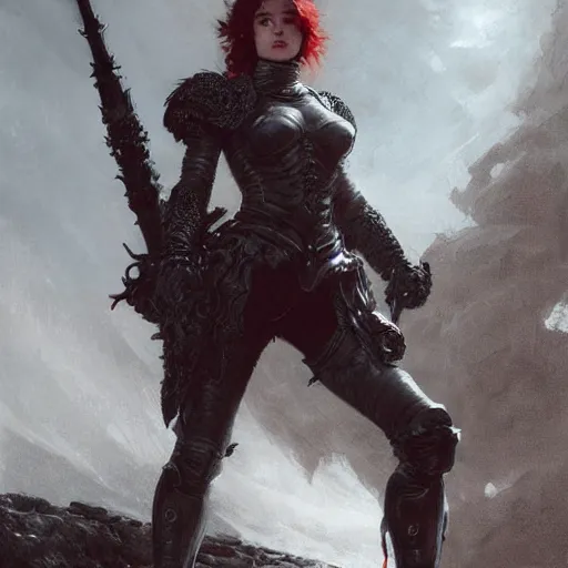 Prompt: young woman with short red hair, wearing black armour, bare legs, concept art, intricate details, highly detailed by greg rutkowski, michael whelan and gustave dore