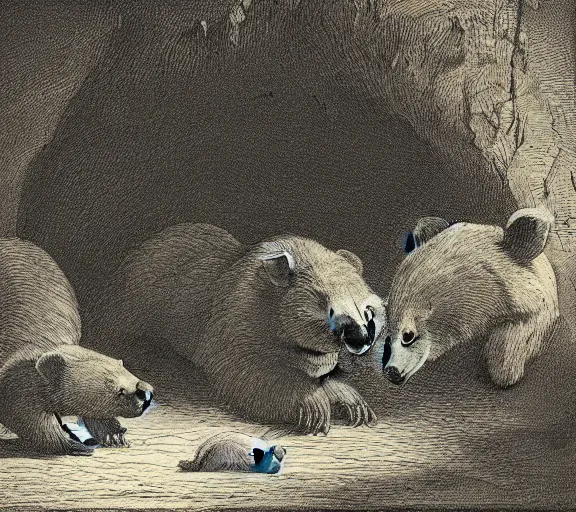 Prompt: viewer looking into dark cave and seeing a mother bear and her cubs sleeping, night time, artwork by Pieter Claesz, cross hatching, framed painting,