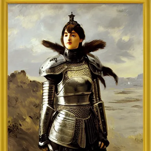 Image similar to a beautiful matte painting of a portrait of a female knight in fantasy armor, art by edouard manet, trending on artstation