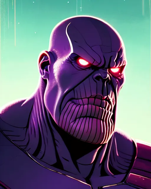 Image similar to highly detailed closeup portrait of a highly tech - enhanced thanos who has many biological implants, by atey ghailan, by greg rutkowski, by greg tocchini, by james gilleard, by joe fenton, by kaethe butcher, red, black, crimson and grey color scheme