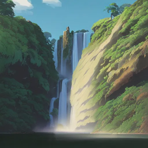 Prompt: ancient monument waterfall, ilya kushinov, by makoto shinkai, studio ghibli, gouache matte painting, height 7 2 0