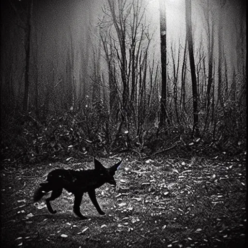 Prompt: bad quality blurry nightfootage nightcam black and white trailcam footage of native weird distorted human bodySkinwalker transforming into a coyote, low resolution, compressed