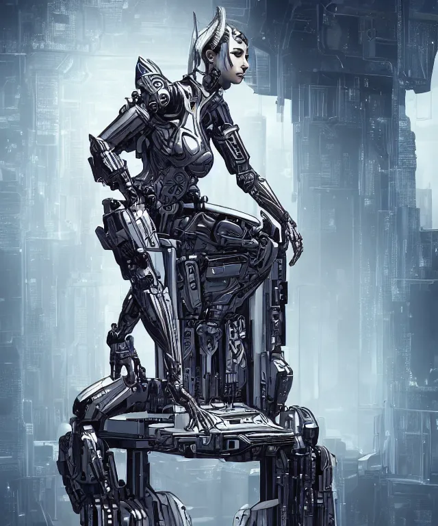 Prompt: majestic cyborg princess sitting on a metal throne in a futuristic castle, cyberpunk, highly detailed, sharp lines