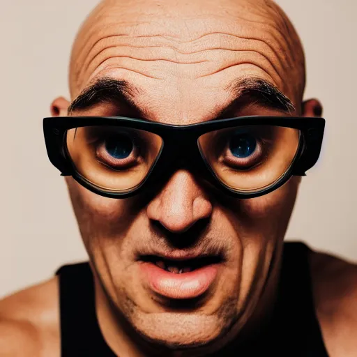 Prompt: portrait photo of a yellow skinned bald wrinkly man with stubble wearing thick round goggles and big hazel eyes, he looks like a human minion hybrid, moody lighting, realistic facial features, hyper detailed, crisp image, leica, 2 4 mm lens