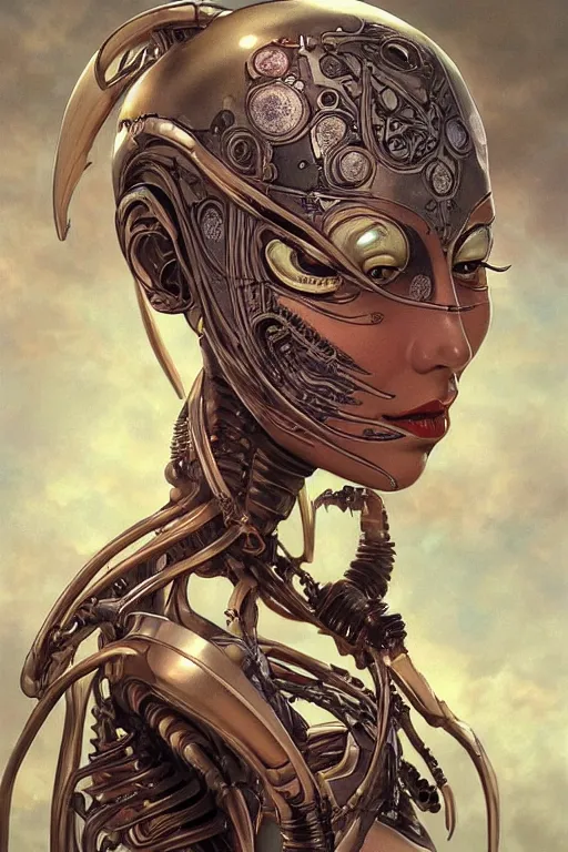 Image similar to An Alien Robot concubine, facial tattoos, artists portrait, biomechanical, oppai, fantasy, highly detailed, photograph, concept art, sharp focus, depth of field blur, illustration, art by artgerm and greg rutkowski and alphonse mucha and trevor brown