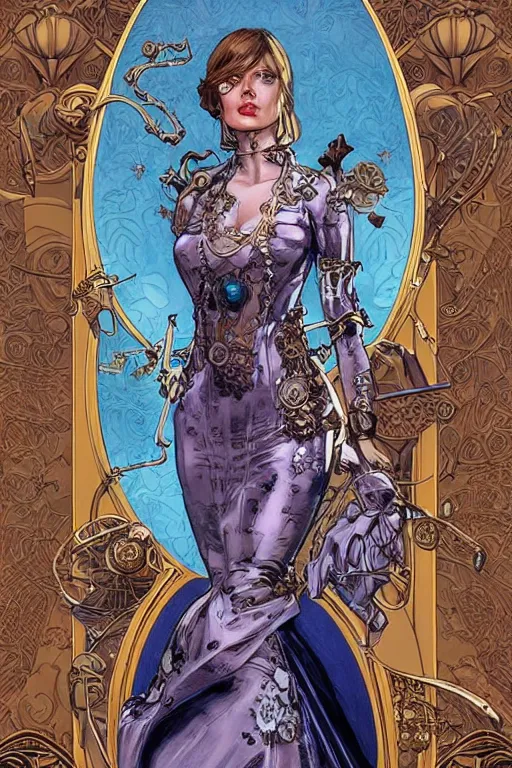 Prompt: brass semi - mechanical woman, portrait, floral art nouveau dress, art by ardian syaf and moebius, blue eyes, in steampunk cityscape