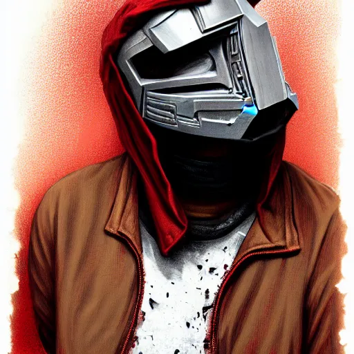 Image similar to portrait of mf doom, dr. doom metal steel mask, dark skin underneath. red t - shirt, beige complex background, intricate, elegant, highly detailed, digital painting, artstation, concept art, smooth, sharp focus, illustration, by anato finnstark, boissb - blanca. j, cindy avelino, clint cearley, anna podedworna