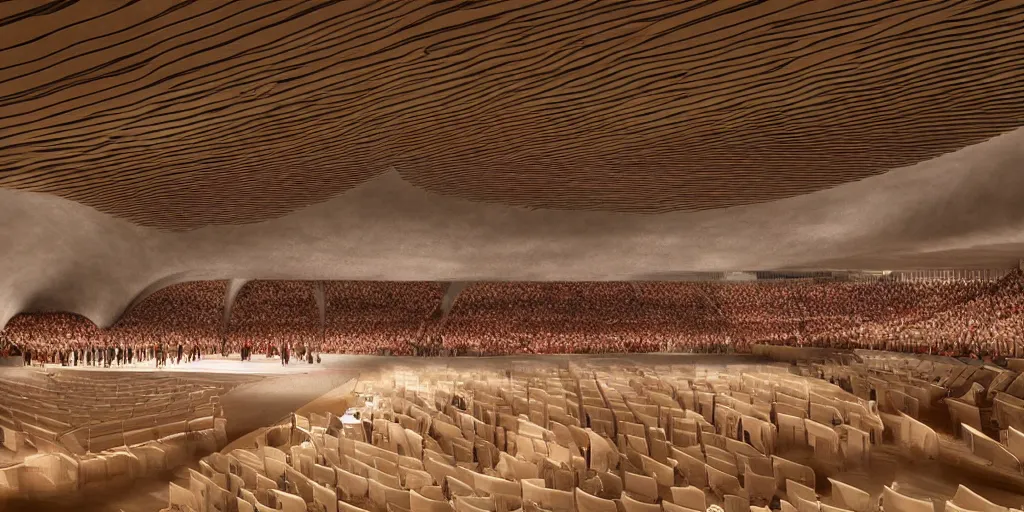 Image similar to interior space of a concert hall venue with a symphony orchesta playing on the stage, concrete material, parametric design, single point perspective, light caustics, architecture phenomenology, realistic, low saturated, moody, 8 k