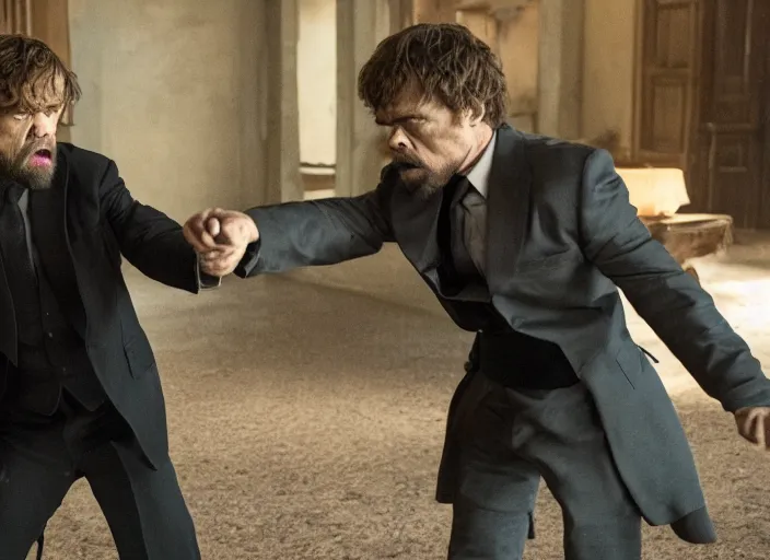 Image similar to peter dinklage knife fighting willem dafoe, movie still, from the new john wick movie, 8 k, realistic