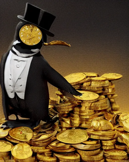 Image similar to oil painting of steampunk penguin wearing top hat sitting on pile of gold, full body, sharp focus, fantasy style, pile of gold coins on the ground, golden steampunk treasury background, octane render, volumetric lighting, 8k high definition, by greg rutkowski, highly detailed, trending on art Station