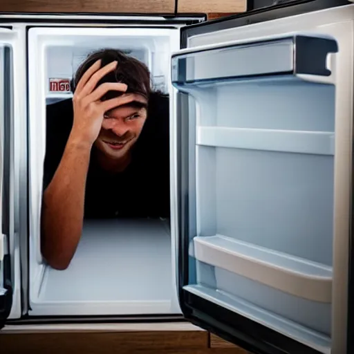 Prompt: man hiding inside a refrigerator