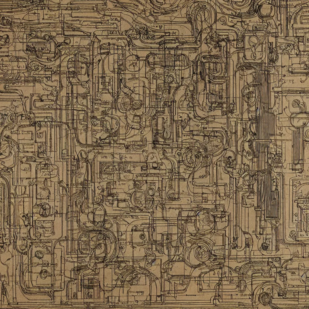 Prompt: close - up on detailed, intricate technical drawings from 1 8 4 0 with extensive written labels and covered in scribbled pencil notes, for a mechanical display attachment to babbage's difference engine, showing a screen playing tetris