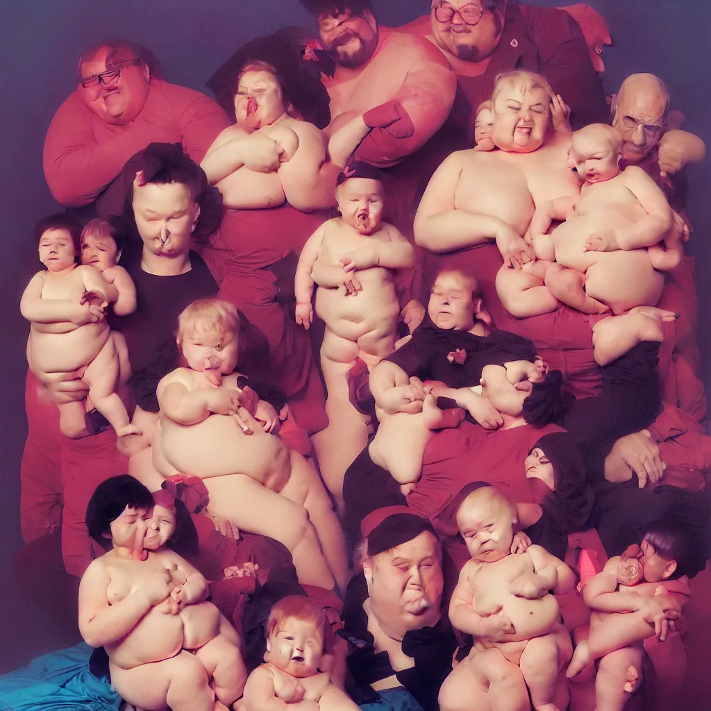 Prompt: sad and disturbing portrait of happy obese american family, vivid colors, neon, art by ( ( ( kuvshinov ilya ) ) ) and wayne barlowe and francis bacon and artgerm and wlop and william - adolphe bouguereau