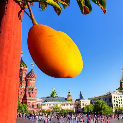 Image similar to photo of giant mango on red square, super wide shot, bokeh