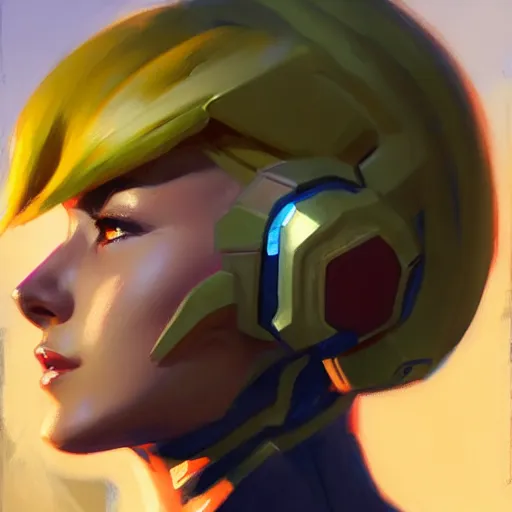 Image similar to Greg Manchess portrait painting of Samus Aran as Overwatch character, medium shot, asymmetrical, profile picture, Organic Painting, sunny day, Matte Painting, bold shapes, hard edges, street art, trending on artstation, by Huang Guangjian and Gil Elvgren and Sachin Teng