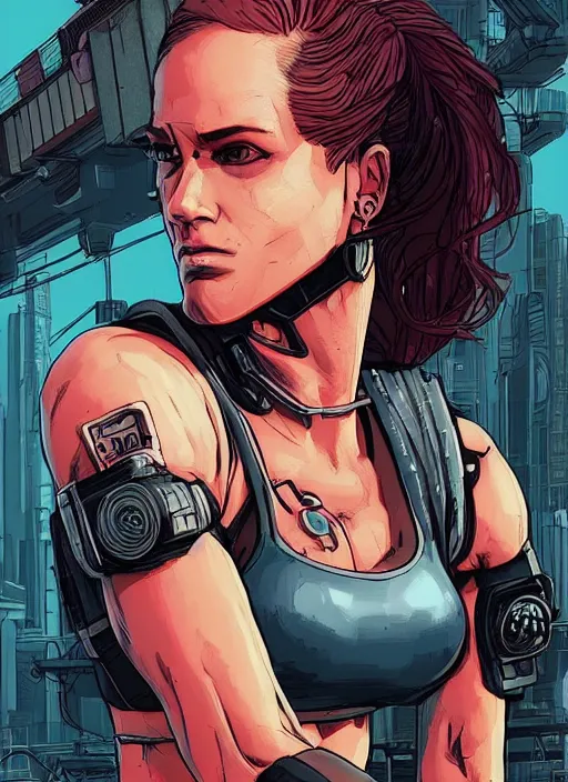 Prompt: Pretty Maria. Beautiful cyberpunk fitness babe. gorgeous face. Realistic Proportions. Concept art by James Gurney and Laurie Greasley. Moody Industrial skyline. ArtstationHQ. Creative character design for cyberpunk 2077.