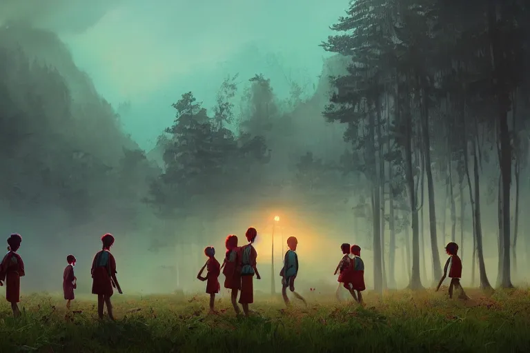 Image similar to kerala school kids wearing gender neutral uniform, an epic fantasy, dramatic lighting, cinematic, establishing shot, extremely high detail, photorealistic, cinematic lighting, artstation, matte painting by simon stalenhag, horizon forbidden west